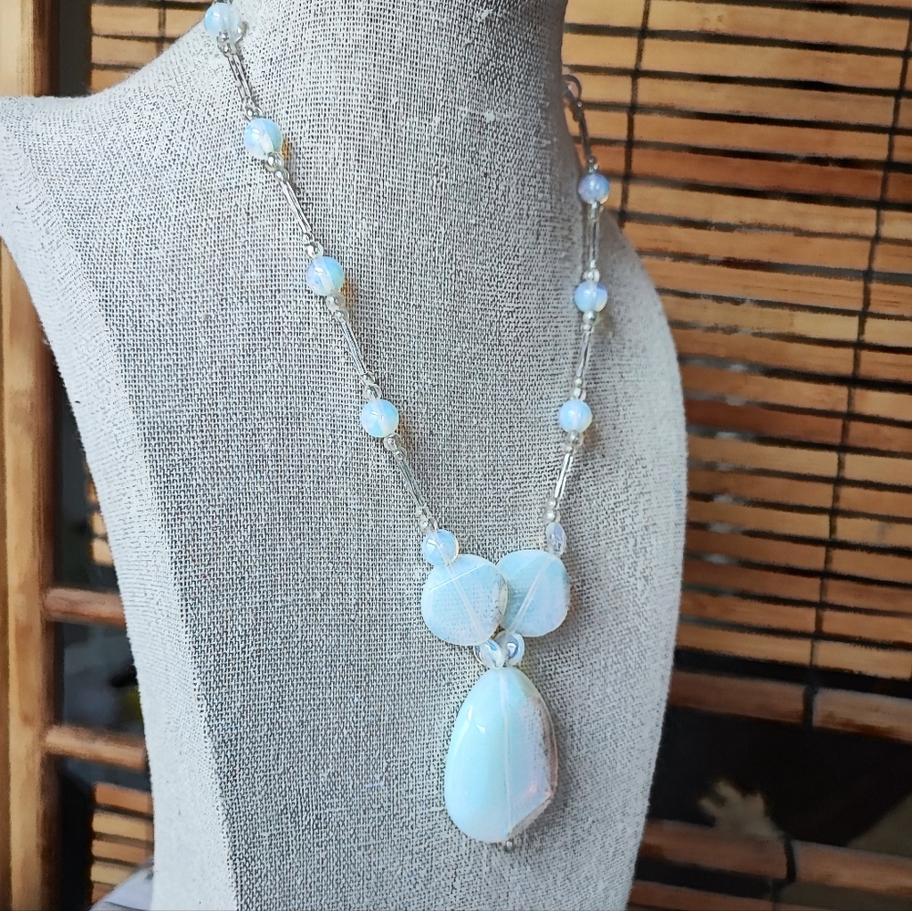 Blue Opalite Opaline Glass Y Design Necklace Silver Tone Barrel Clasp Artisan - Picture 2 of 9